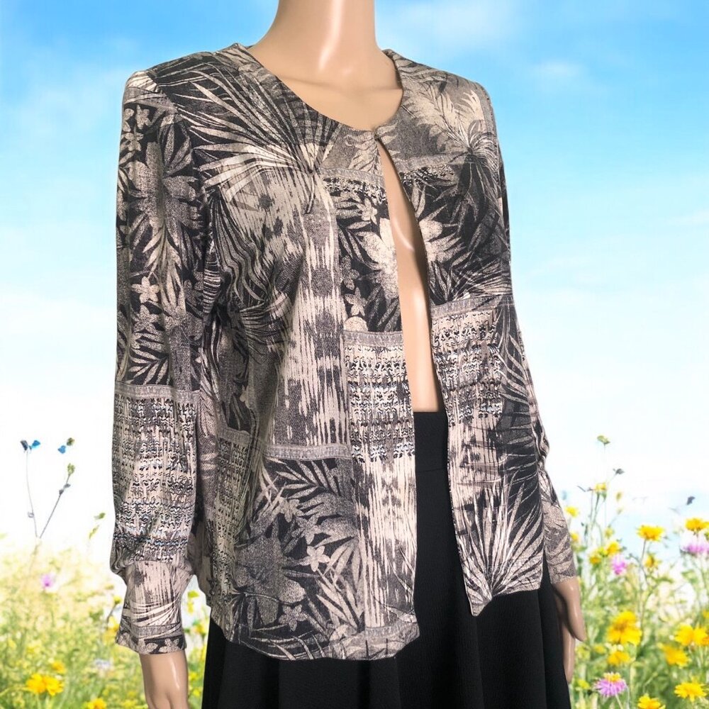 OLGA SANTONI Abstract Floral Print Open Front Cardigan Made in SPAIN Sz L